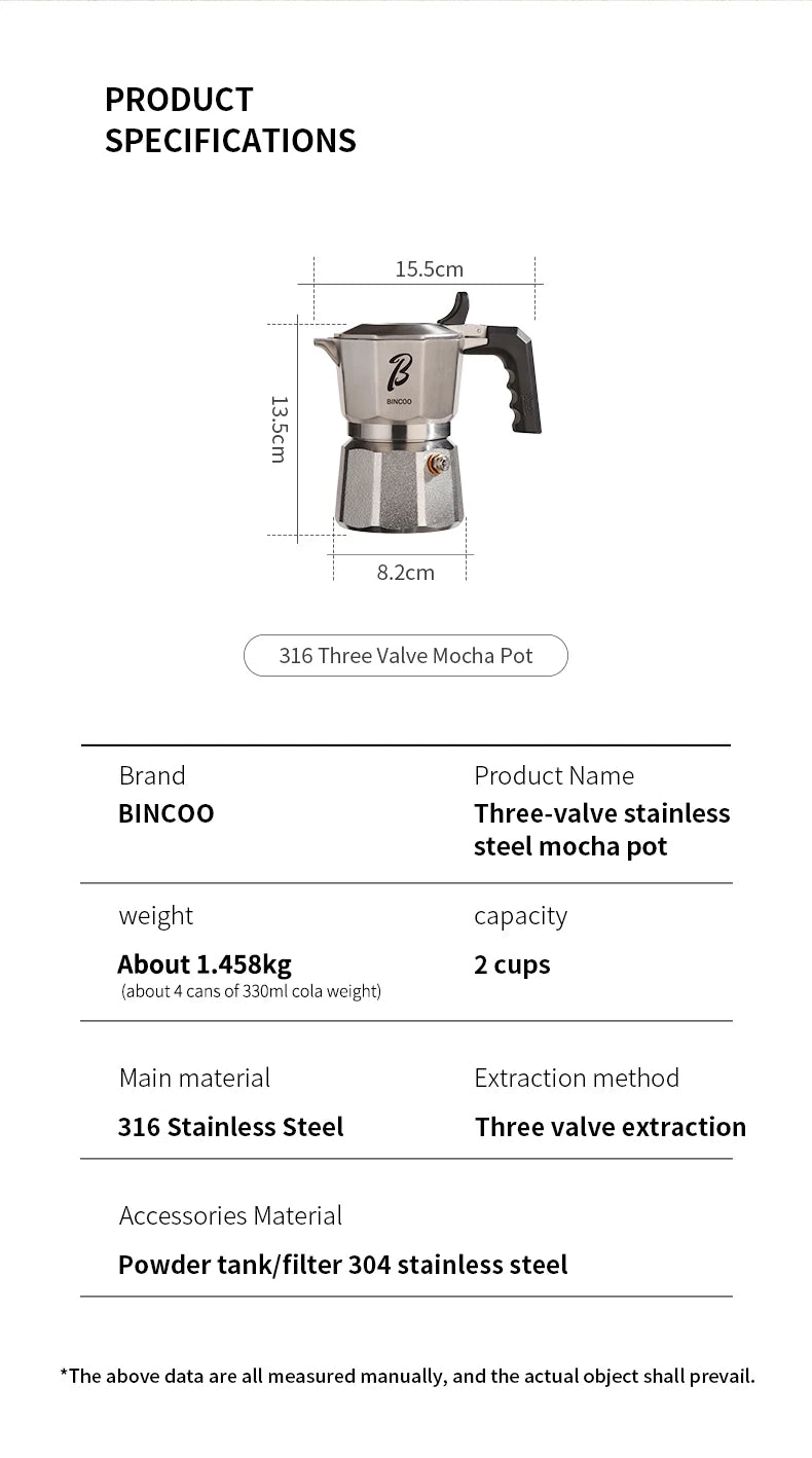 Bincoo Three Valve 316 Stainless Steel Mocha Pot Pressure Concentrating Extraction Coffee Pot Home Professional Barista Kit