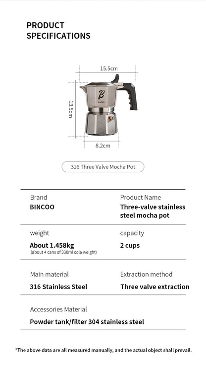 Bincoo Three Valve 316 Stainless Steel Mocha Pot Pressure Concentrating Extraction Coffee Pot Home Professional Barista Kit