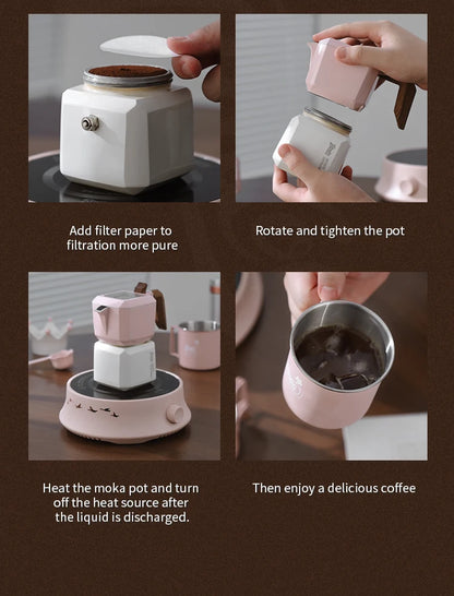 BINCOO Double Valve Moka Pot Square Coffee Pot Espresso Pot Coffee Extraction Maker Set for Home and Outdoor Electric Stove 220v