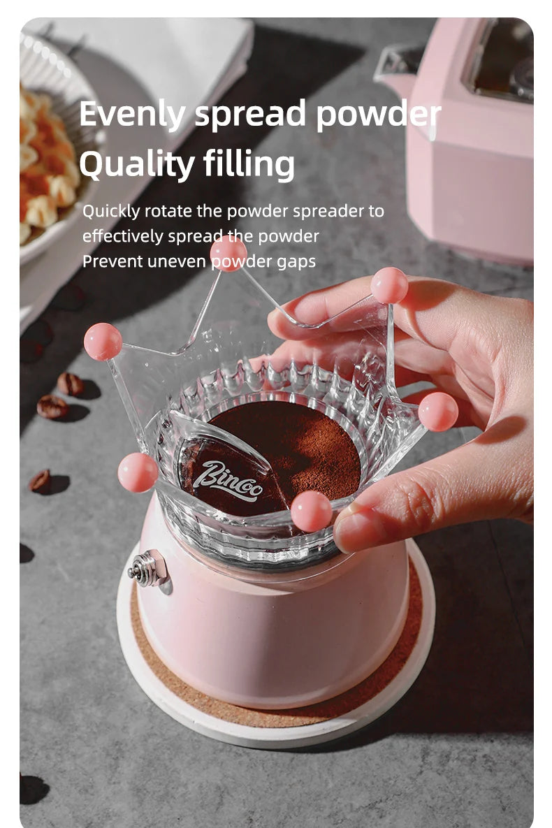 Bincoo Crown Style Coffee Distributor for Moka Pot, Powder Filling & Tamping Tool, Barista Accessory with Leveling Base