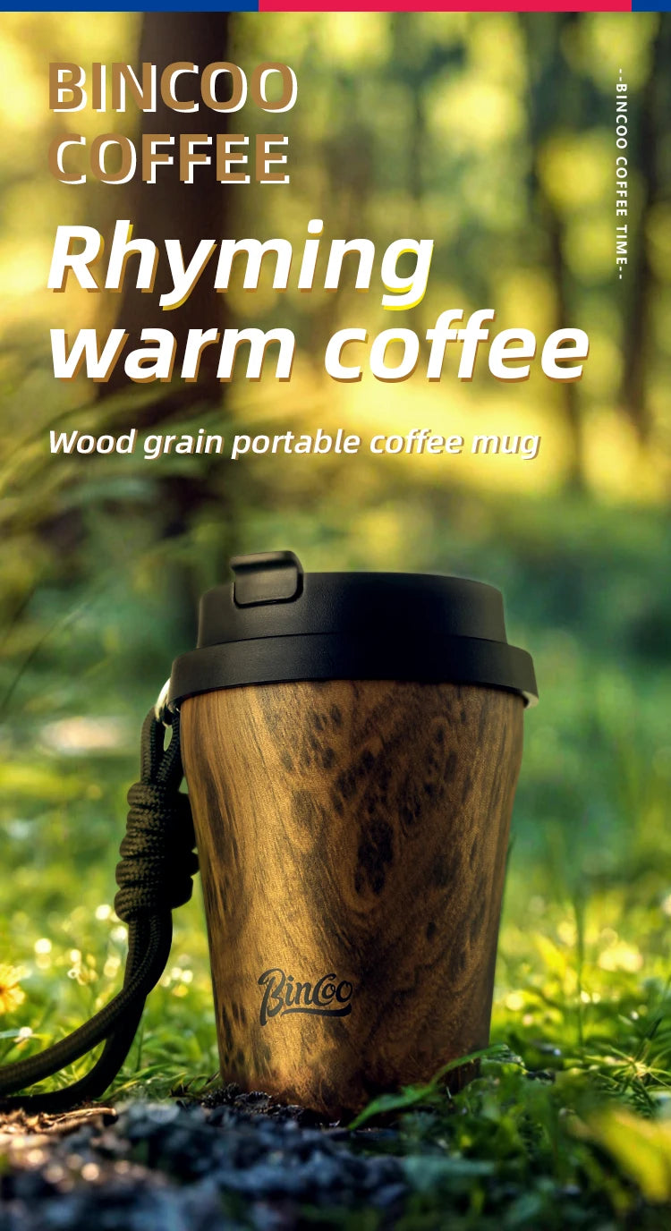 Bincoo Wood Grain Pattern Coffee Thermal Cup 500ml Coffee Travel Mug Insulated Vaccum Portable 304 Stainless Steel Thermos Jug