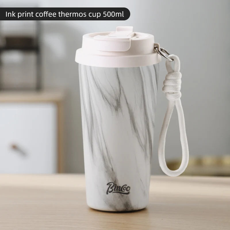 Bincoo Wood Grain Pattern Coffee Thermal Cup 500ml Coffee Travel Mug Insulated Vaccum Portable 304 Stainless Steel Thermos Jug