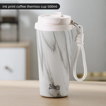 Bincoo Wood Grain Pattern Coffee Thermal Cup 500ml Coffee Travel Mug Insulated Vaccum Portable 304 Stainless Steel Thermos Jug
