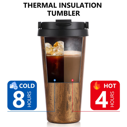Bincoo 500ml Retro Woodgrain Coffee Cup, Stylish Travel Mug, Large Capacity Thermos, Portable for Men/Women