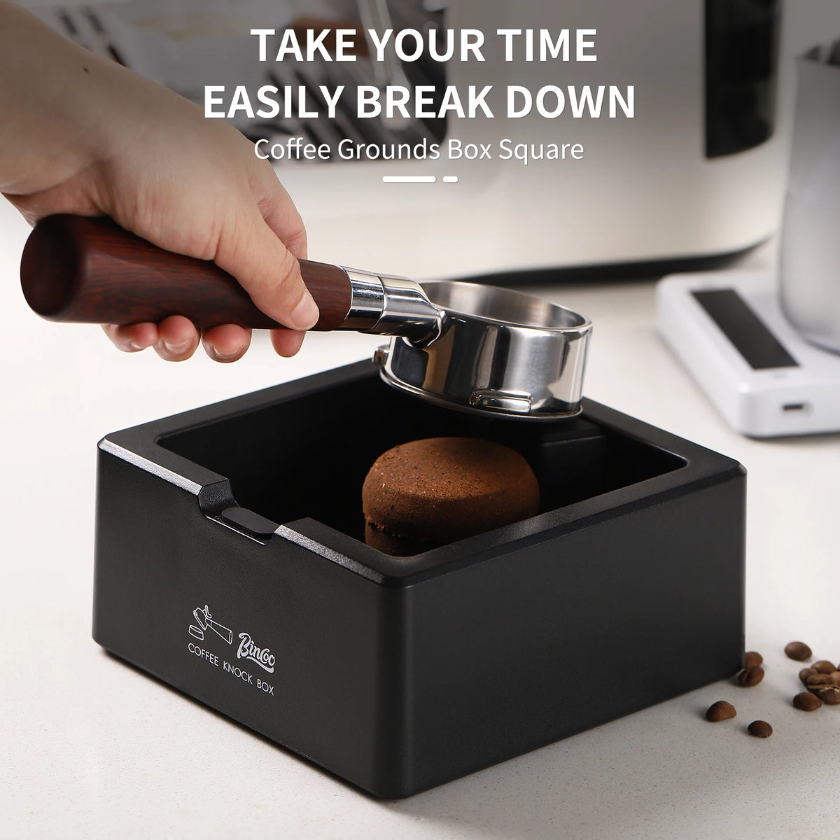 Bincoo ABS Coffee Knock Box, Square Anti-Slip Design with Silicone Base for Espresso Grounds, Home & Cafe Use