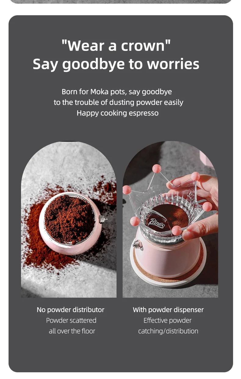 Bincoo Crown Style Coffee Distributor for Moka Pot, Powder Filling & Tamping Tool, Barista Accessory with Leveling Base