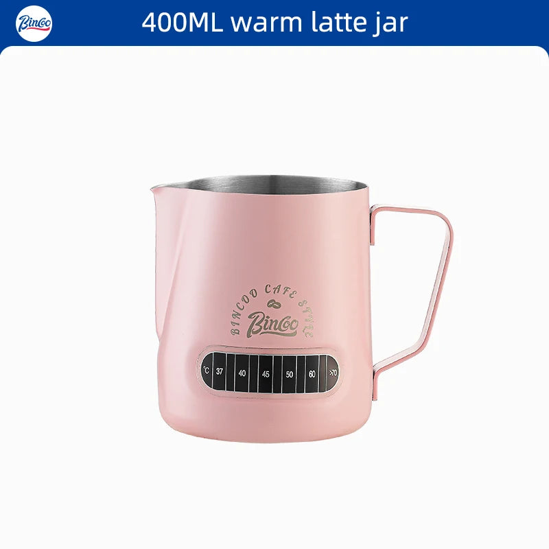Bincoo Round Spout Coffee Pitcher with Temp Display, Stainless Steel Milk Frother Jug for Latte Art, Espresso Accessory