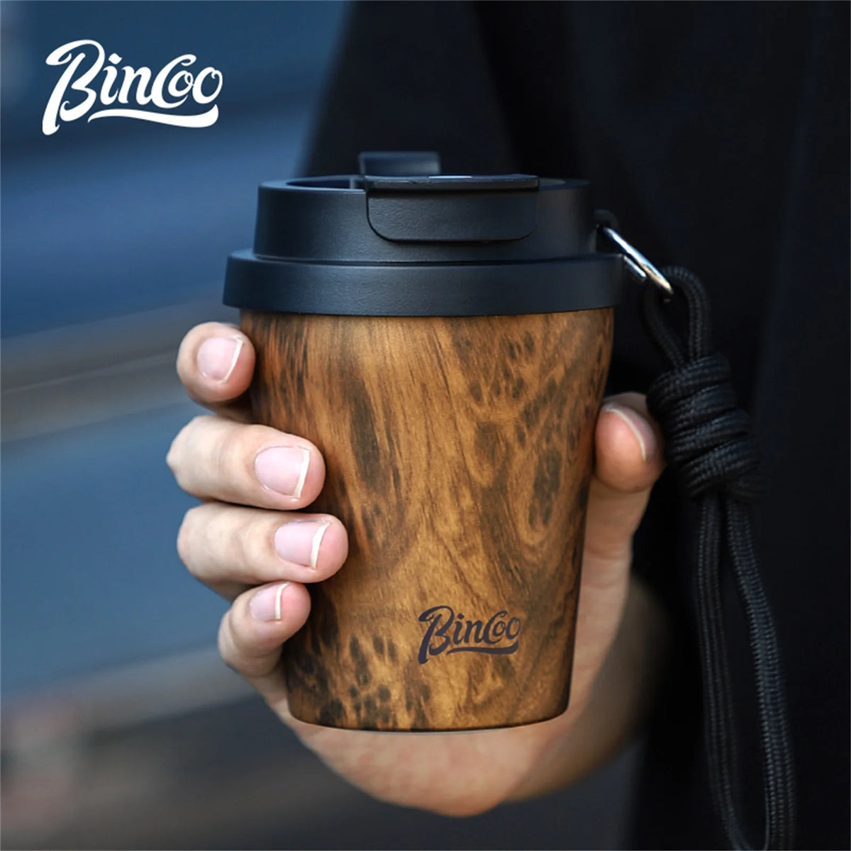 Bincoo Wood Grain Pattern Coffee Thermal Cup 500ml Coffee Travel Mug Insulated Vaccum Portable 304 Stainless Steel Thermos Jug