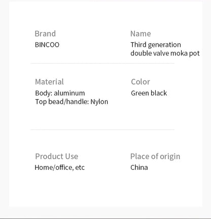 Bincoo Double Valve Moka Pot Espresso Machine Extraction Thermostatic Coffee Mocha Pot Set Outdoor Italian Home Barista Utensils