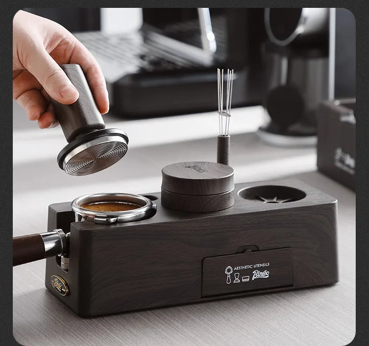 Bincoo Coffee Tamping Kit, Woodgrain 3-Piece Set with Distributor, Fits 51-58mm Portafilters