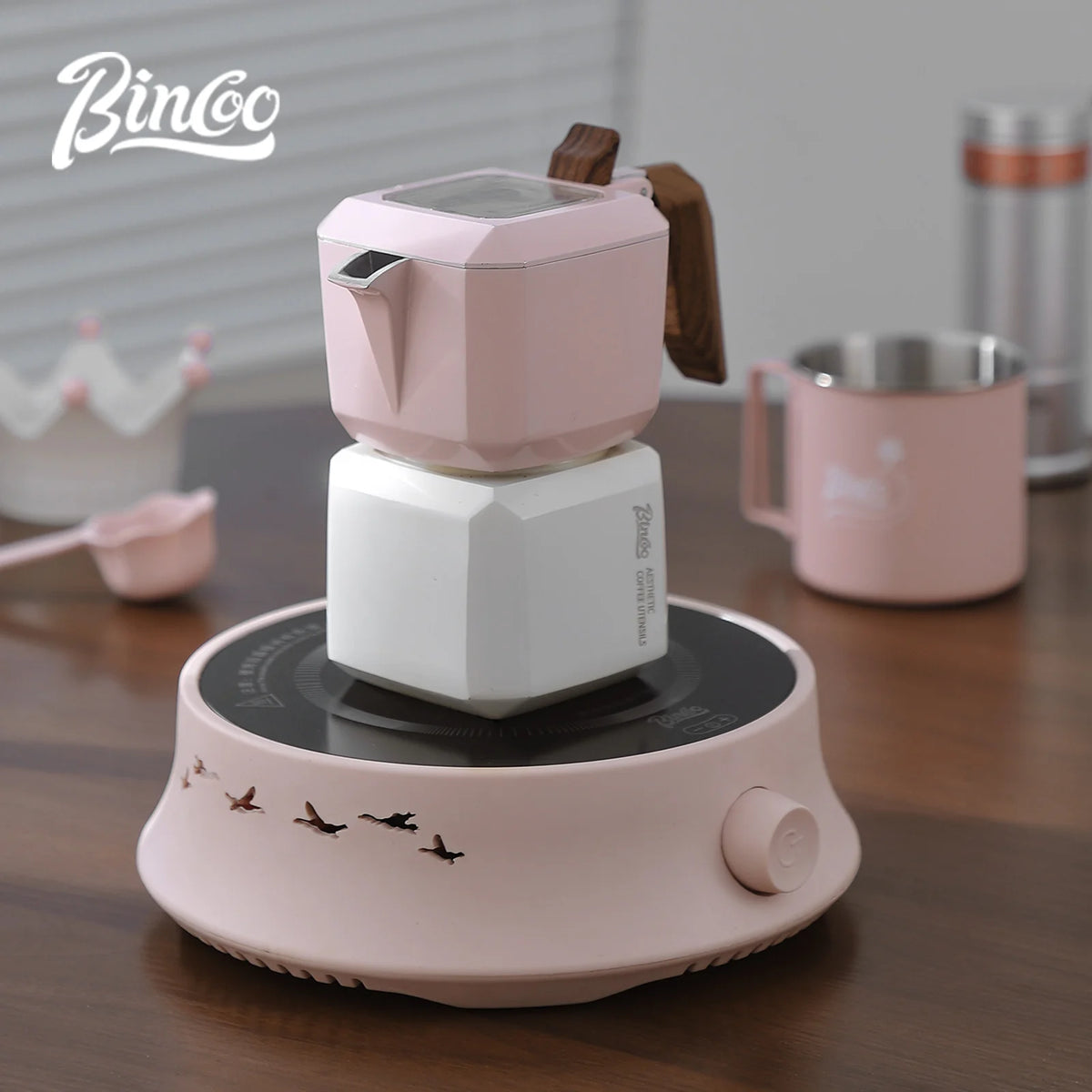 BINCOO Double Valve Moka Pot Square Coffee Pot Espresso Pot Coffee Extraction Maker Set for Home and Outdoor Electric Stove 220v