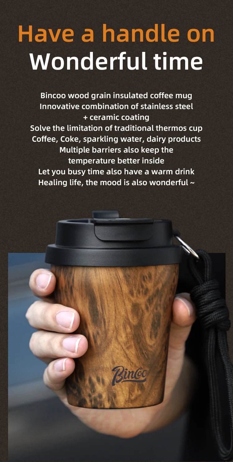 Bincoo Wood Grain Pattern Coffee Thermal Cup 500ml Coffee Travel Mug Insulated Vaccum Portable 304 Stainless Steel Thermos Jug