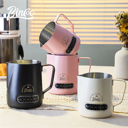 Bincoo Round Spout Coffee Pitcher with Temp Display, Stainless Steel Milk Frother Jug for Latte Art, Espresso Accessory