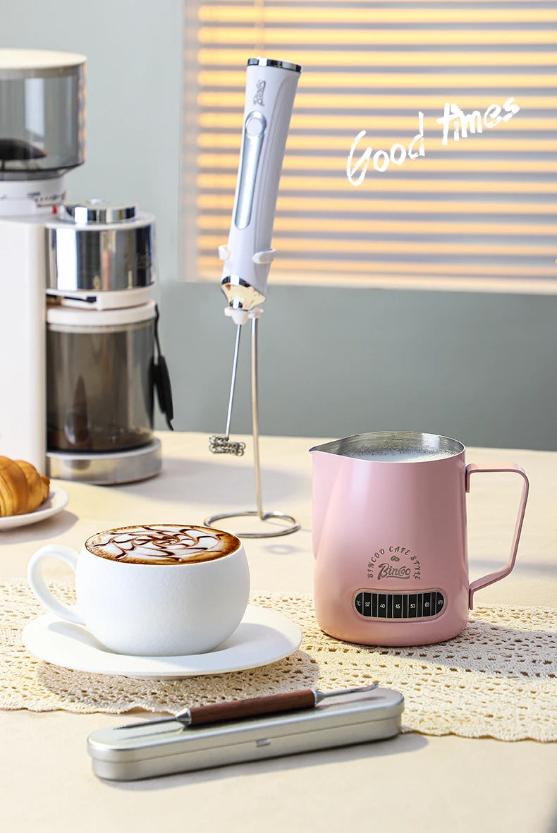Bincoo Round Spout Coffee Pitcher with Temp Display, Stainless Steel Milk Frother Jug for Latte Art, Espresso Accessory