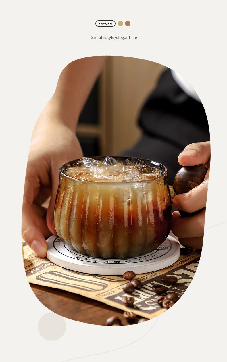 New Stripe Heat-resistant High Boron Silicon Glass Coffee Mug With Wooden Handle Ice American Latte Cup Breakfast Milk Tea Cup
