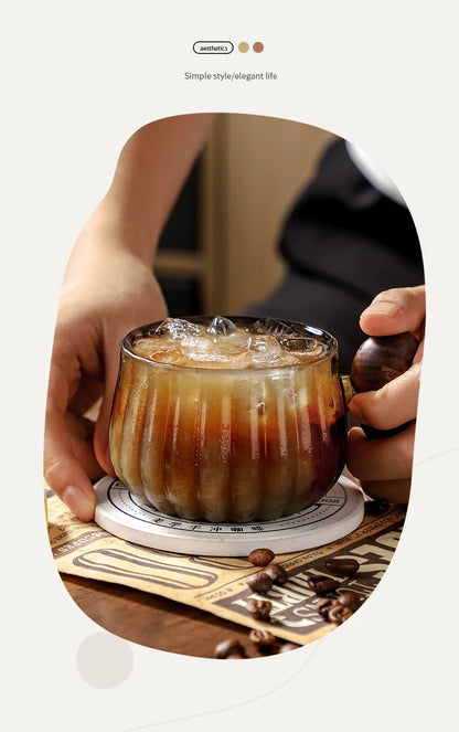 New Stripe Heat-resistant High Boron Silicon Glass Coffee Mug With Wooden Handle Ice American Latte Cup Breakfast Milk Tea Cup