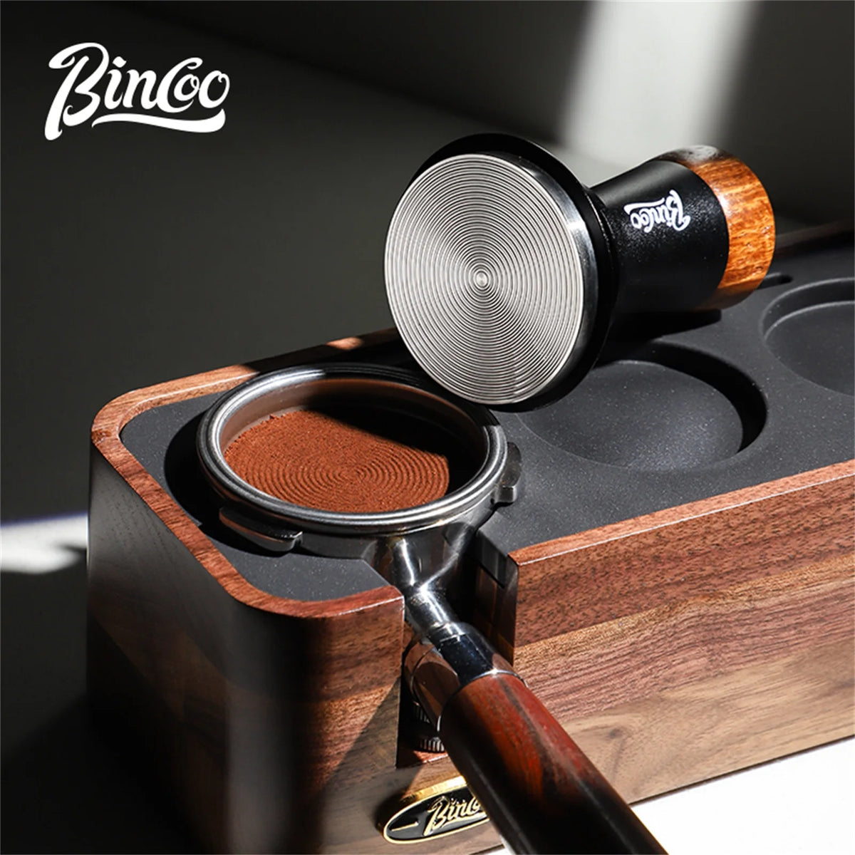 Bincoo Wooden Espresso Tamping Stand Set: Tamper+Distributor, 51/58mm Dual-Size, Barista Organizer
