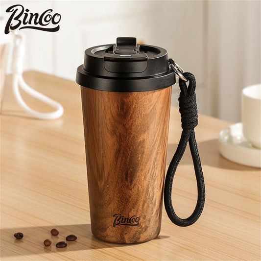 Bincoo Wood Grain Pattern Coffee Thermal Cup 500ml Coffee Travel Mug Insulated Vaccum Portable 304 Stainless Steel Thermos Jug