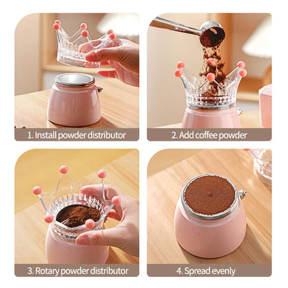 Bincoo Crown Style Coffee Distributor for Moka Pot, Powder Filling & Tamping Tool, Barista Accessory with Leveling Base