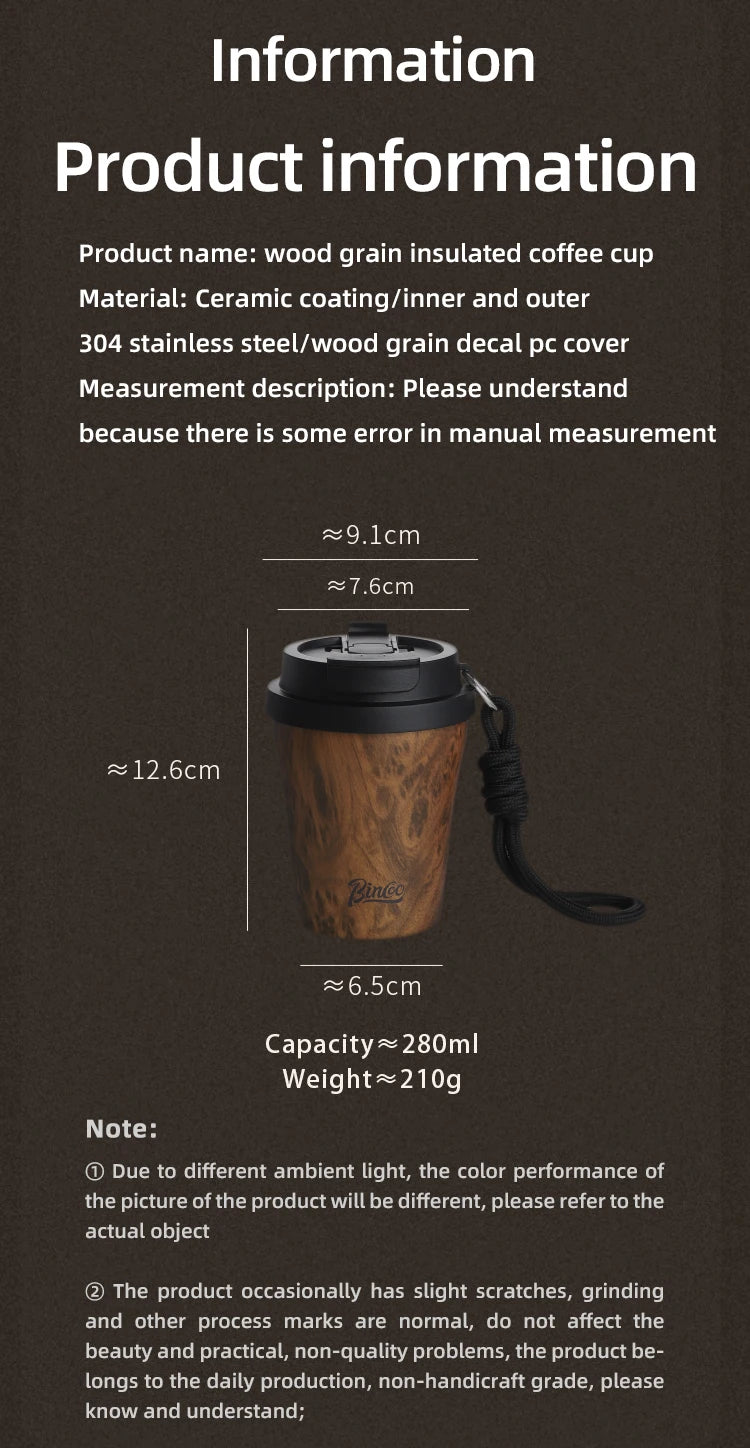 Bincoo Wood Grain Pattern Coffee Thermal Cup 500ml Coffee Travel Mug Insulated Vaccum Portable 304 Stainless Steel Thermos Jug