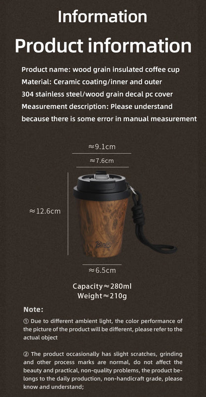 Bincoo Wood Grain Pattern Coffee Thermal Cup 500ml Coffee Travel Mug Insulated Vaccum Portable 304 Stainless Steel Thermos Jug