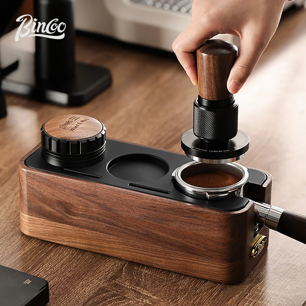 Bincoo Solid Wood Coffee Tamping Stand, Fits 51/58mm Portafilters, Espresso Distributor Base, Barista Tool