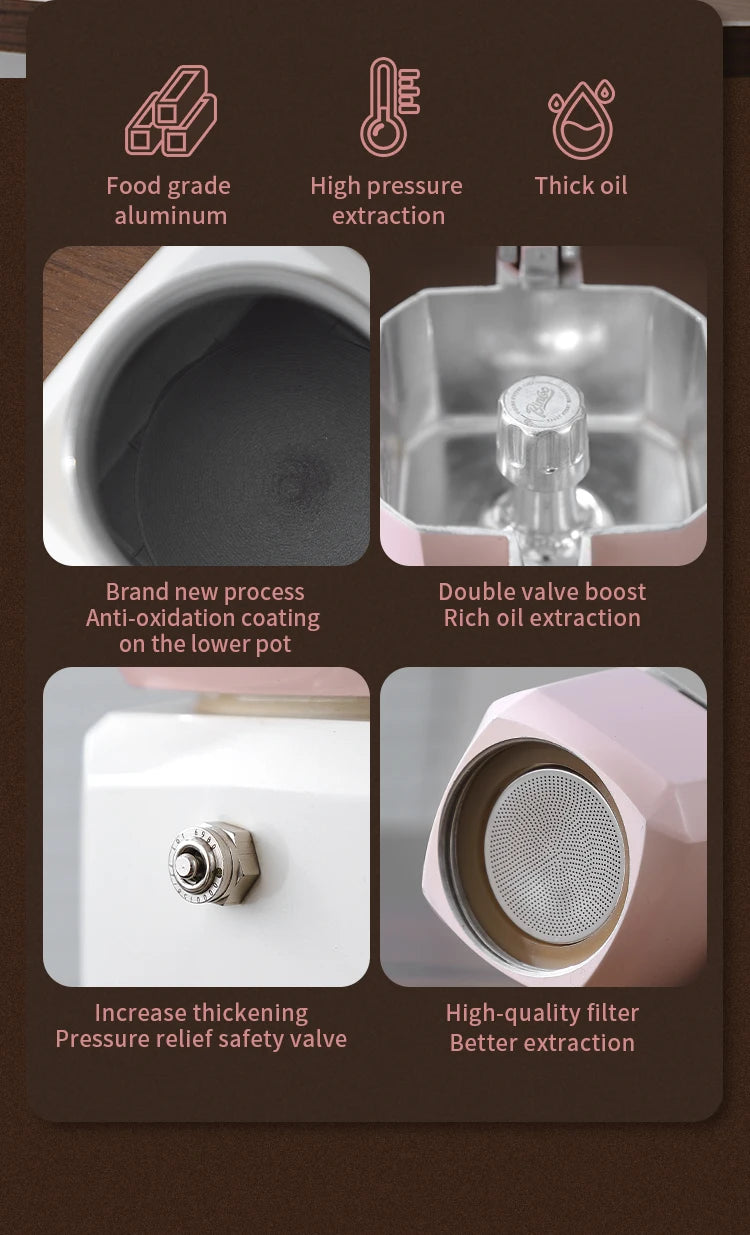 BINCOO Double Valve Moka Pot Square Coffee Pot Espresso Pot Coffee Extraction Maker Set for Home and Outdoor Electric Stove 220v