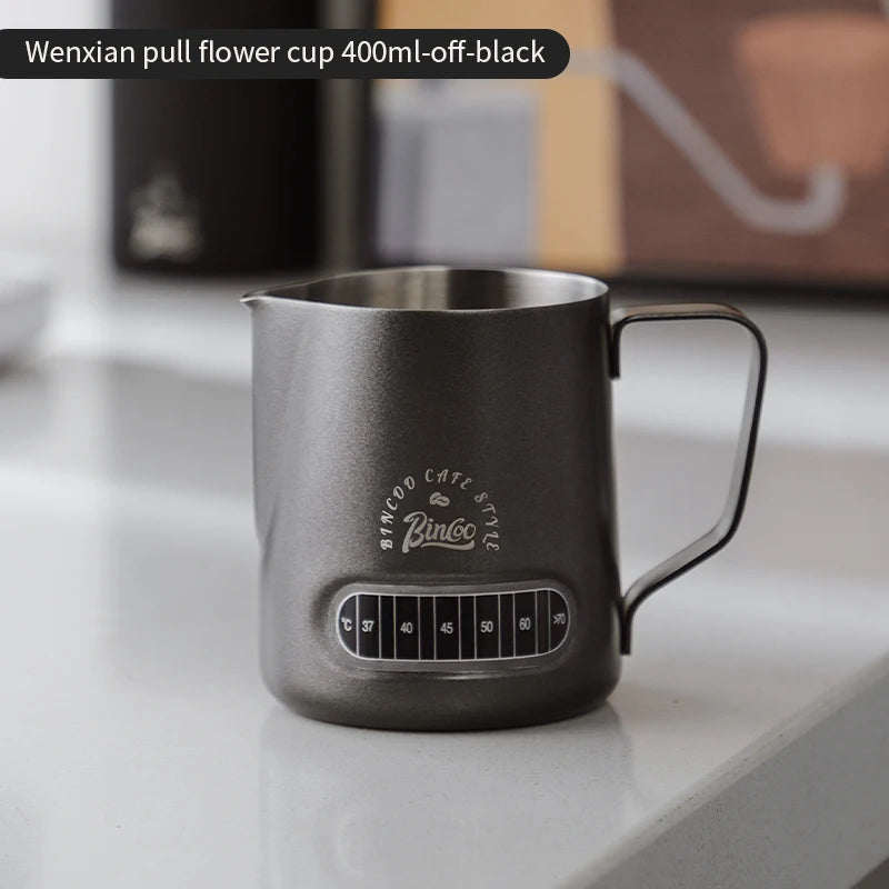 Bincoo Round Spout Coffee Pitcher with Temp Display, Stainless Steel Milk Frother Jug for Latte Art, Espresso Accessory