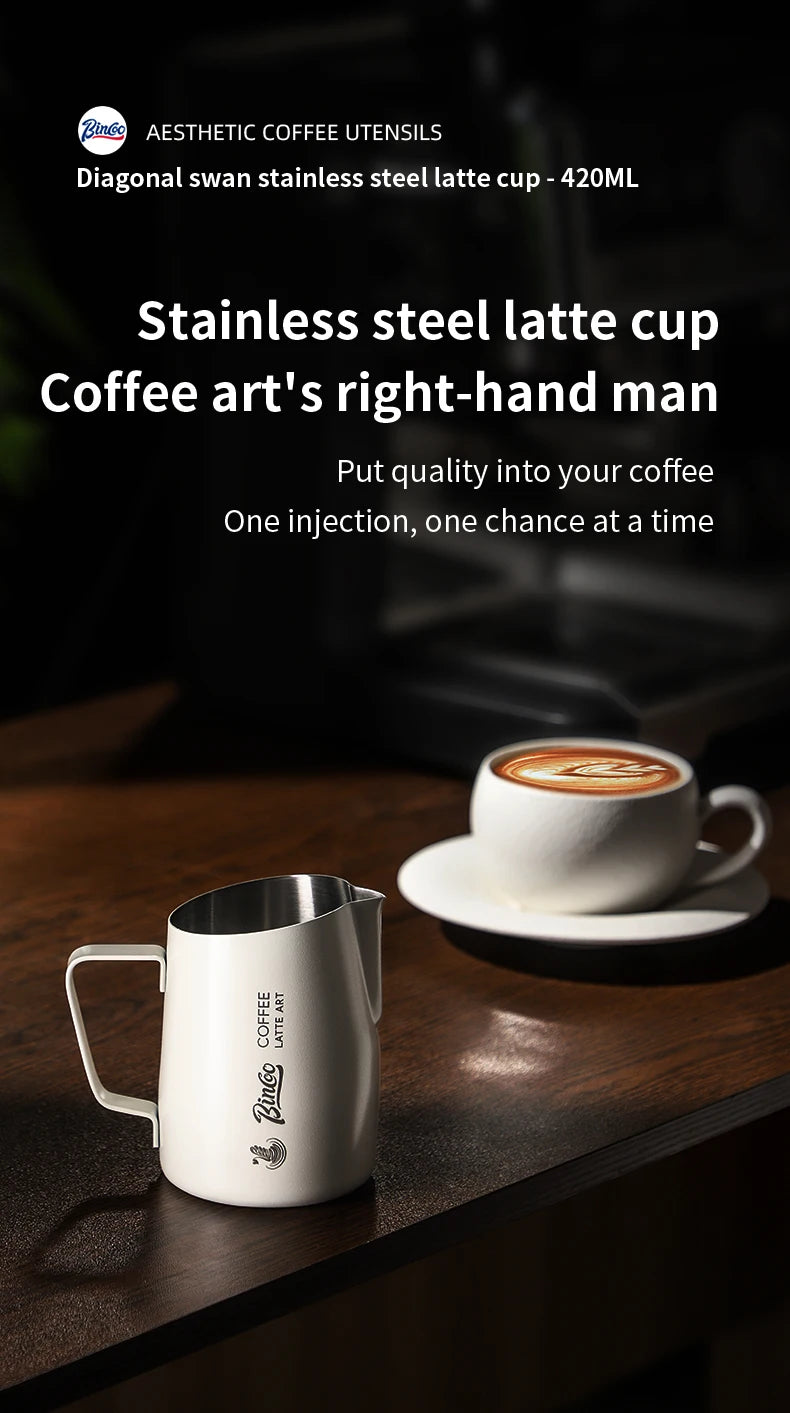 BINCOO Milk Frothing Pitcher 420ml Milk Frother Cup Espresso Steaming Pitcher Stainless Steel Milk Frother Jug Home Barista Tool
