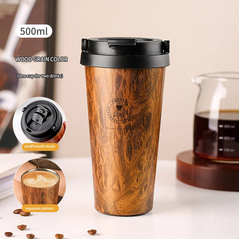Bincoo 500ml Retro Woodgrain Coffee Cup, Stylish Travel Mug, Large Capacity Thermos, Portable for Men/Women
