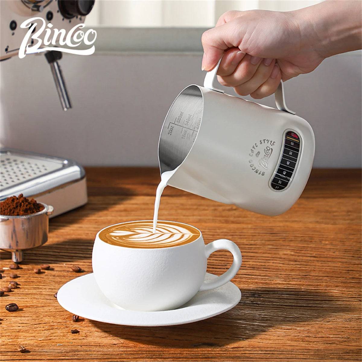 Bincoo Round Spout Coffee Pitcher with Temp Display, Stainless Steel Milk Frother Jug for Latte Art, Espresso Accessory