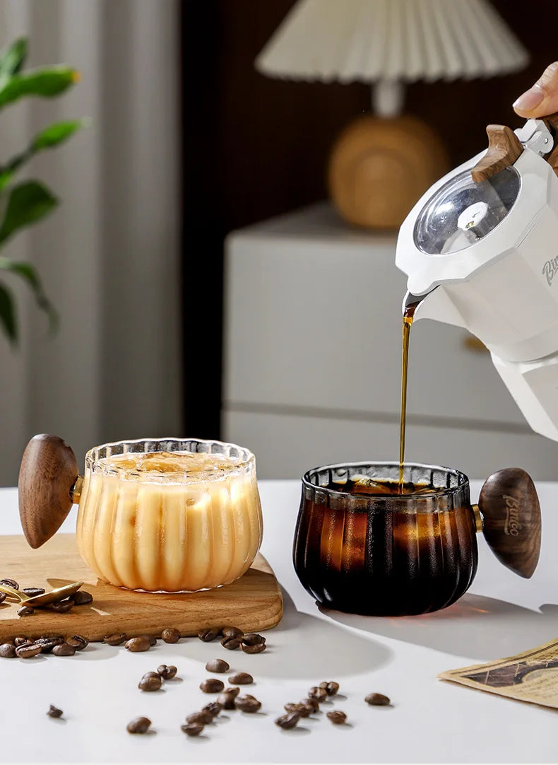 New Stripe Heat-resistant High Boron Silicon Glass Coffee Mug With Wooden Handle Ice American Latte Cup Breakfast Milk Tea Cup