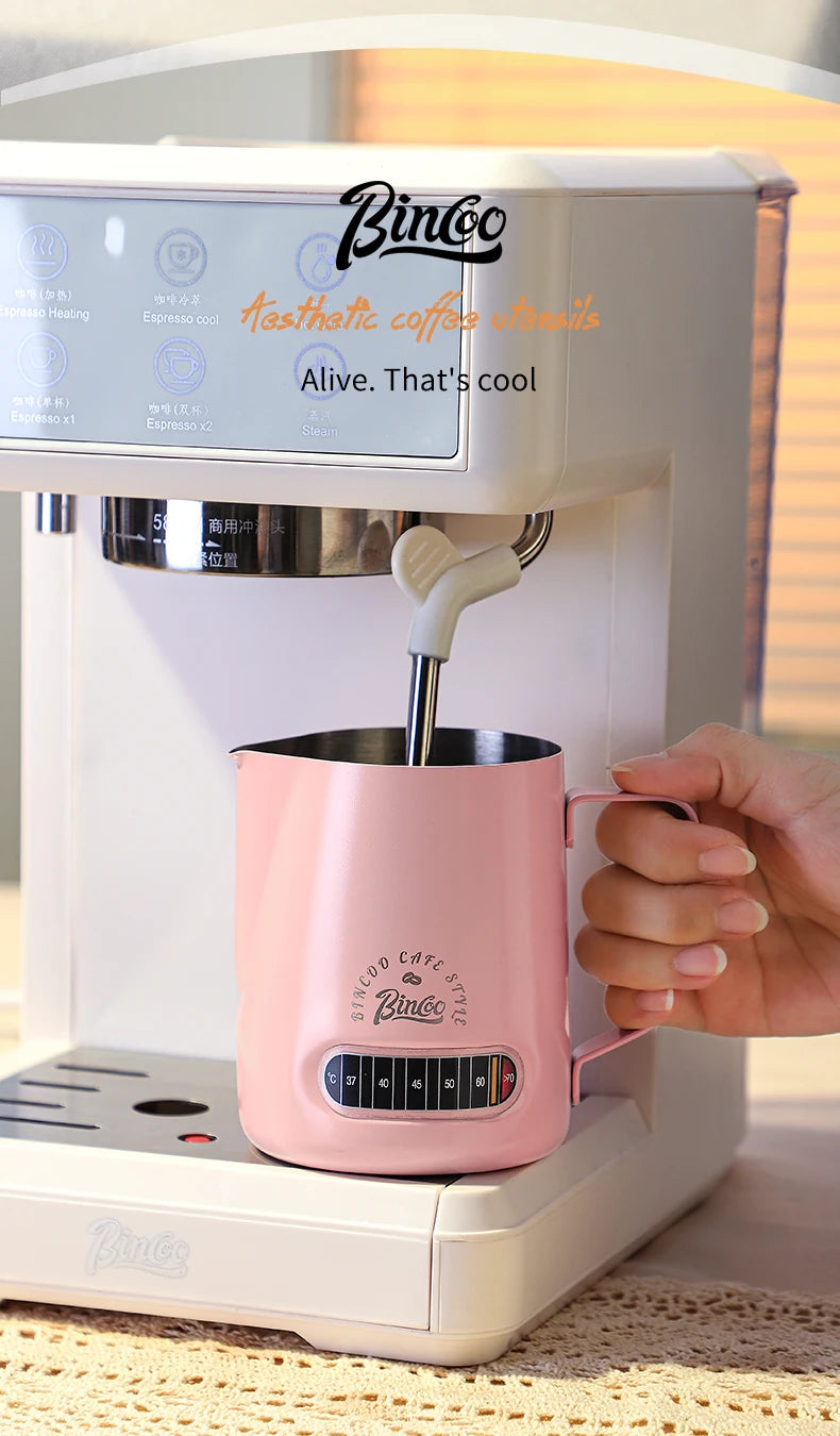 Bincoo Round Spout Coffee Pitcher with Temp Display, Stainless Steel Milk Frother Jug for Latte Art, Espresso Accessory