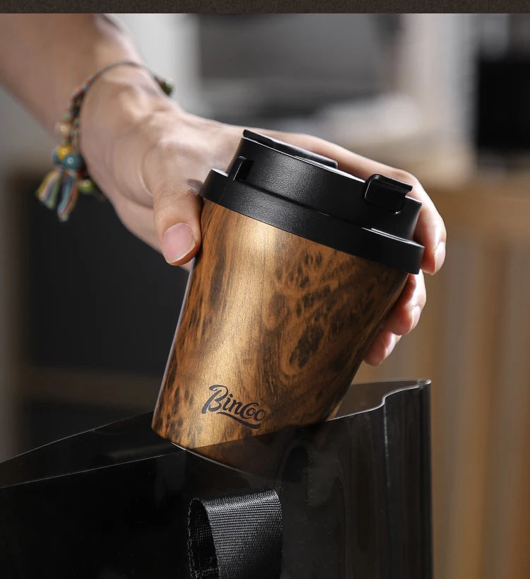 Bincoo Wood Grain Pattern Coffee Thermal Cup 500ml Coffee Travel Mug Insulated Vaccum Portable 304 Stainless Steel Thermos Jug