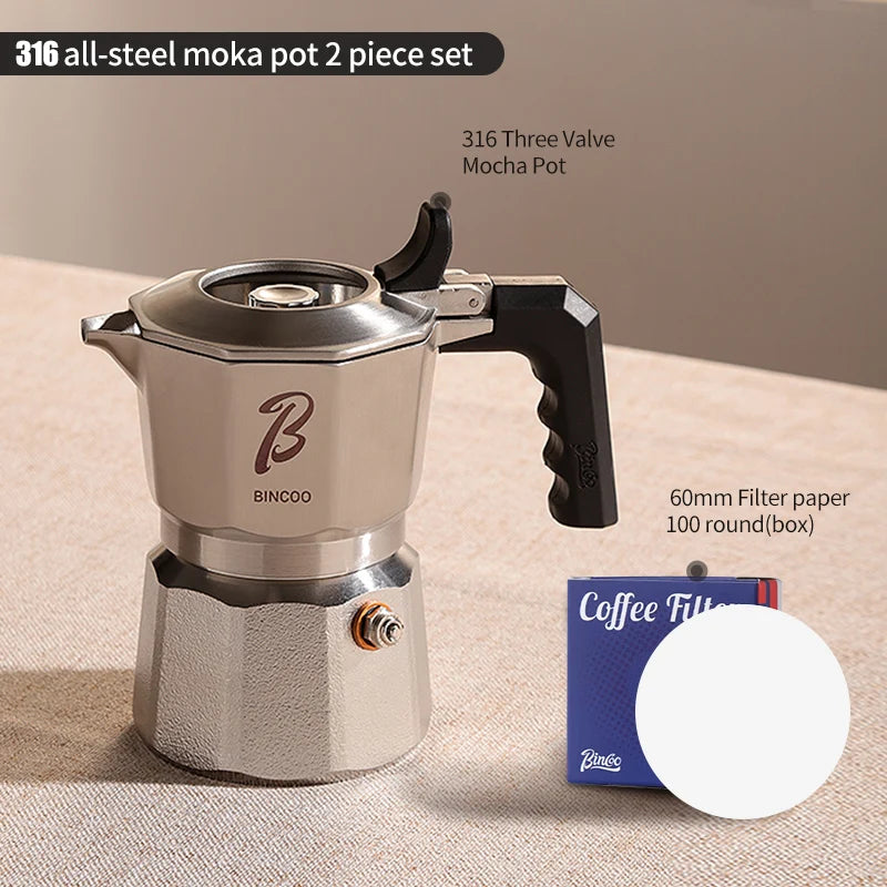 Bincoo Three Valve 316 Stainless Steel Mocha Pot Pressure Concentrating Extraction Coffee Pot Home Professional Barista Kit
