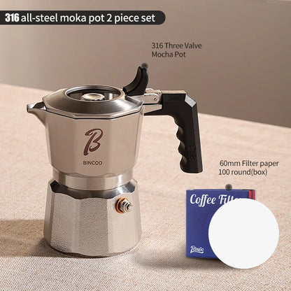 Bincoo Three Valve 316 Stainless Steel Mocha Pot Pressure Concentrating Extraction Coffee Pot Home Professional Barista Kit