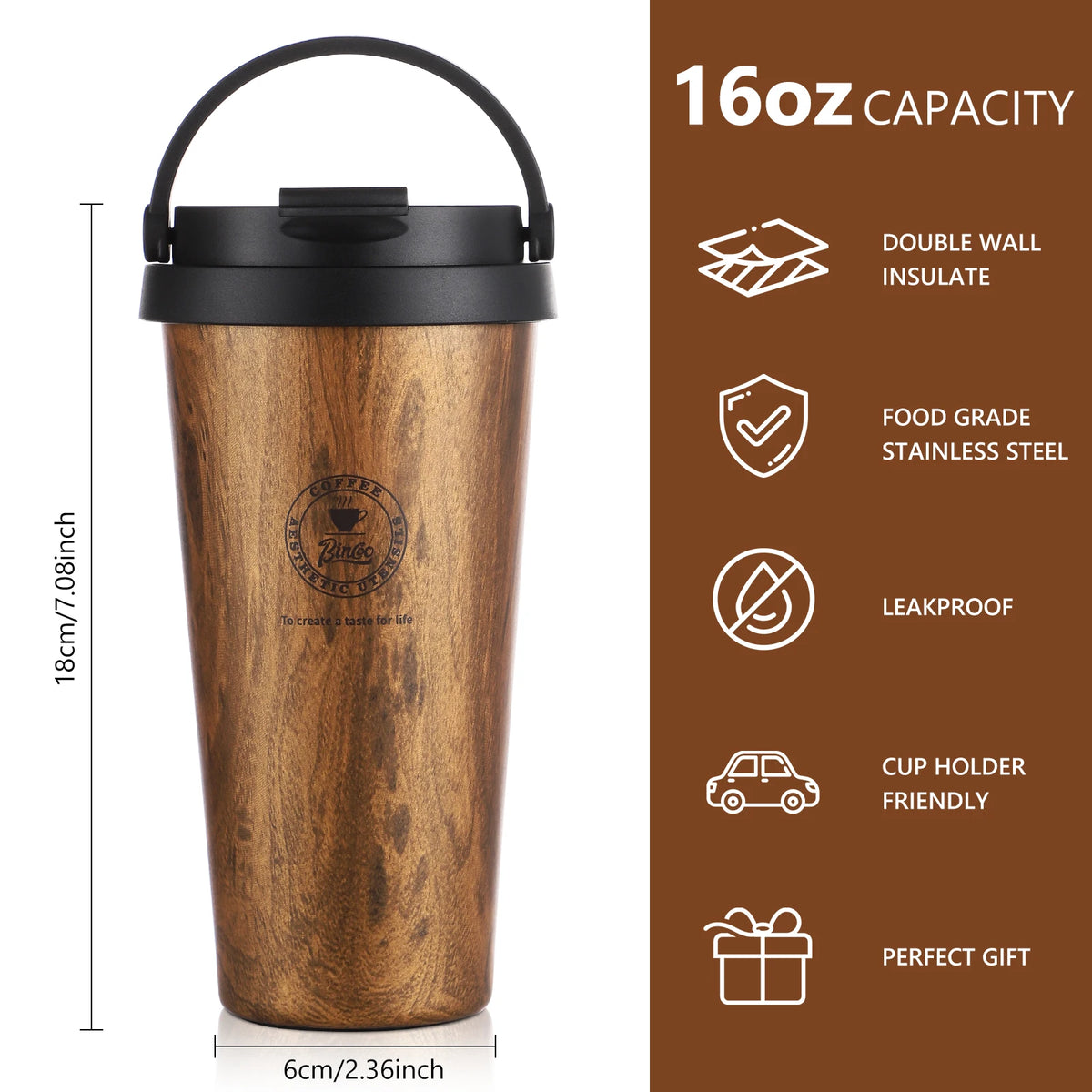 Bincoo 500ml Retro Woodgrain Coffee Cup, Stylish Travel Mug, Large Capacity Thermos, Portable for Men/Women