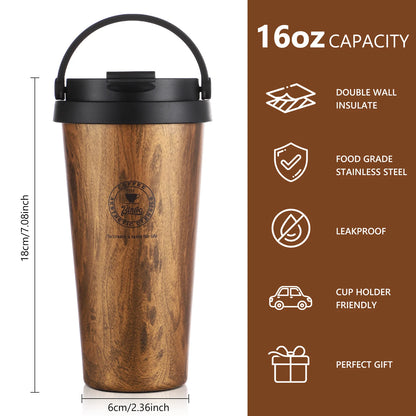 Bincoo 500ml Retro Woodgrain Coffee Cup, Stylish Travel Mug, Large Capacity Thermos, Portable for Men/Women