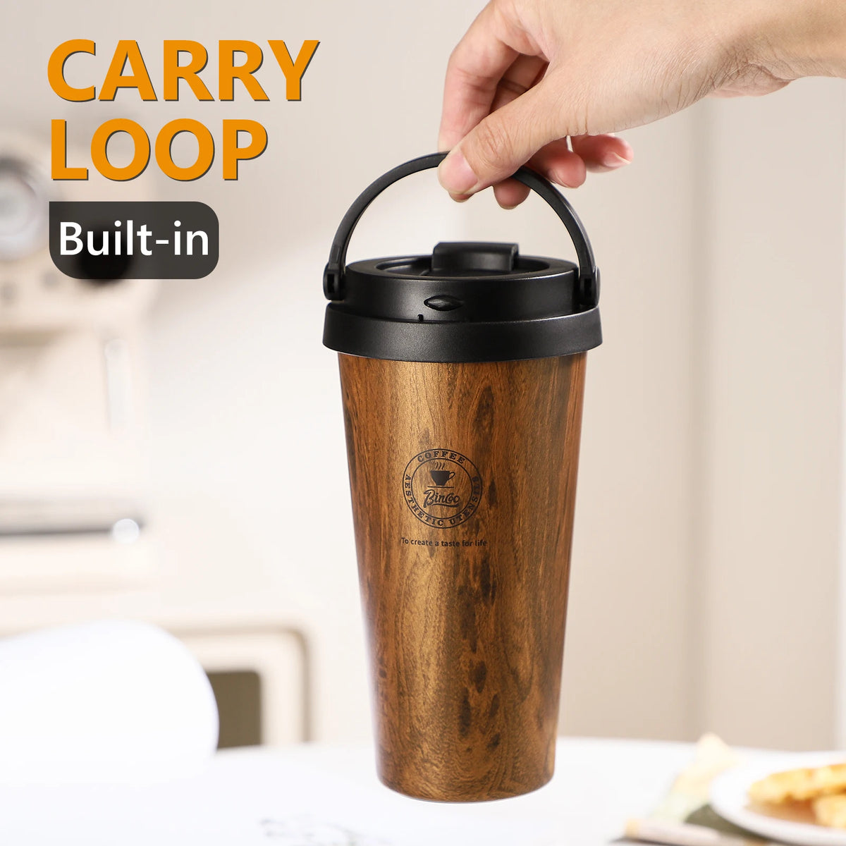 Bincoo 500ml Retro Woodgrain Coffee Cup, Stylish Travel Mug, Large Capacity Thermos, Portable for Men/Women