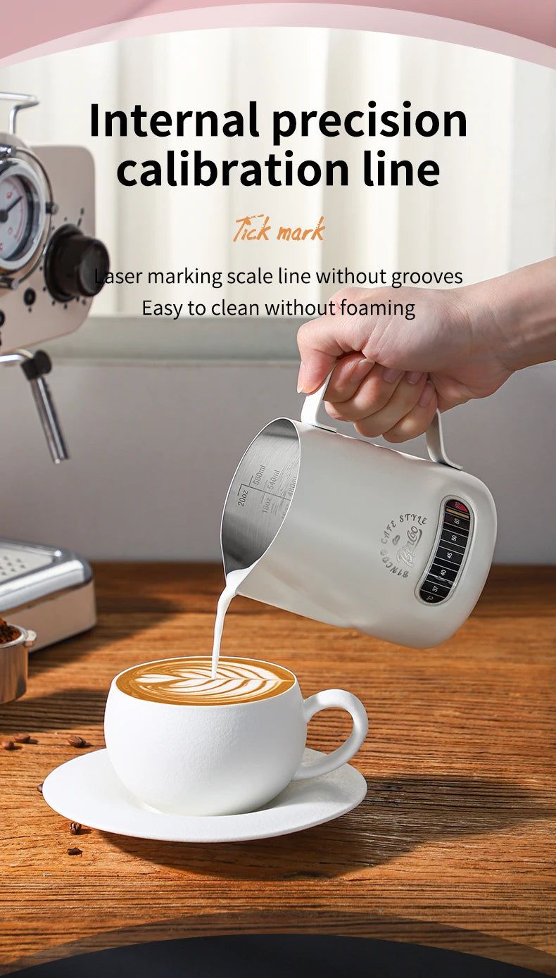 Bincoo Round Spout Coffee Pitcher with Temp Display, Stainless Steel Milk Frother Jug for Latte Art, Espresso Accessory