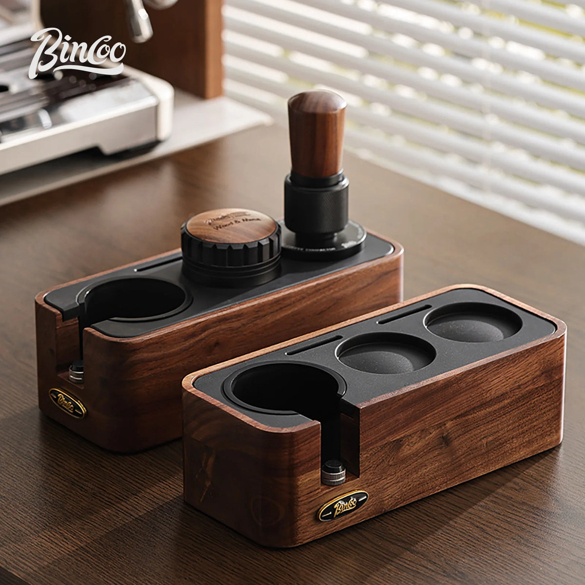 Bincoo Solid Wood Coffee Tamping Stand, Fits 51/58mm Portafilters, Espresso Distributor Base, Barista Tool