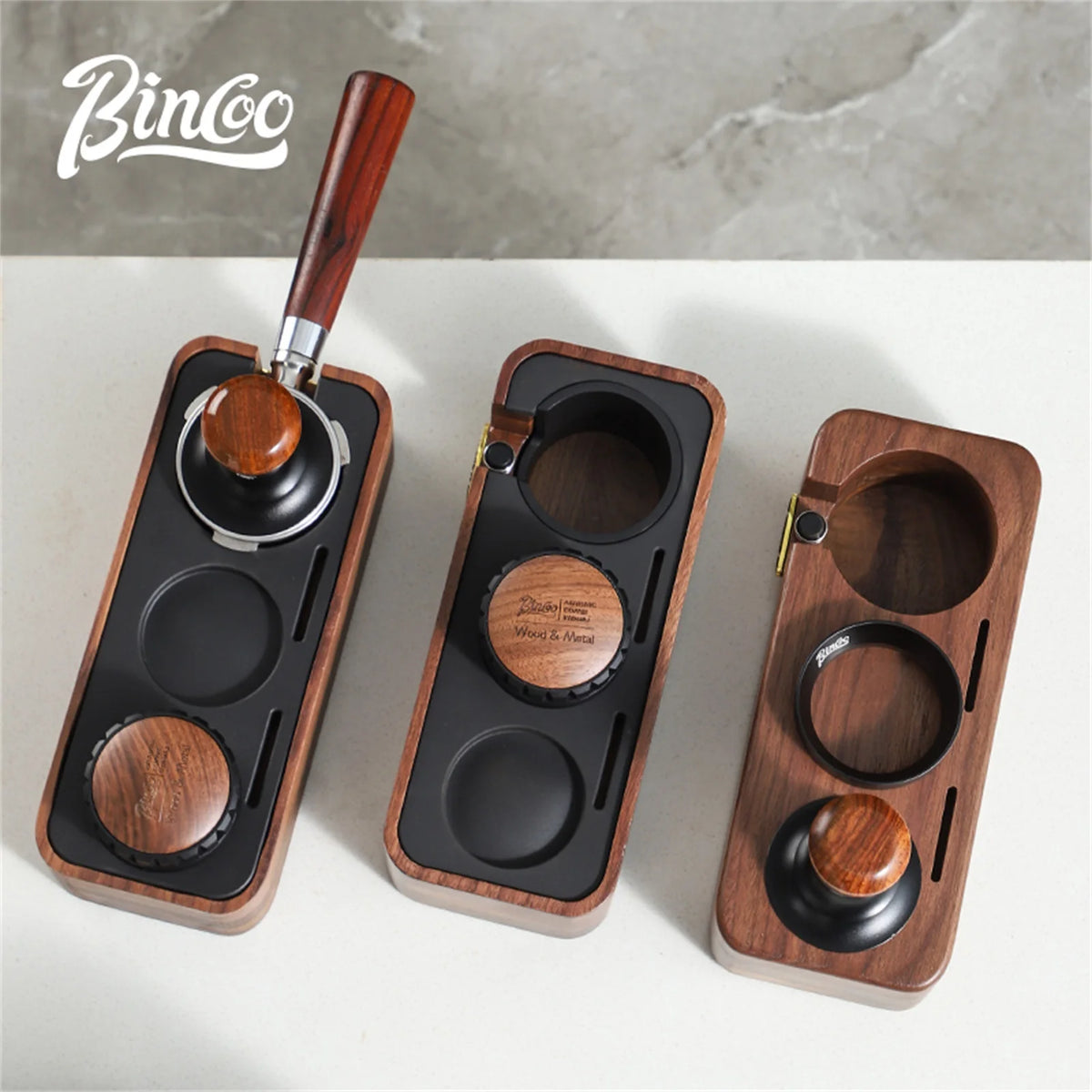 Bincoo Wooden Espresso Tamping Stand Set: Tamper+Distributor, 51/58mm Dual-Size, Barista Organizer