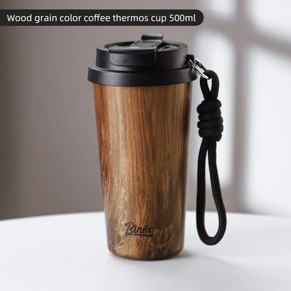 Bincoo Wood Grain Pattern Coffee Thermal Cup 500ml Coffee Travel Mug Insulated Vaccum Portable 304 Stainless Steel Thermos Jug