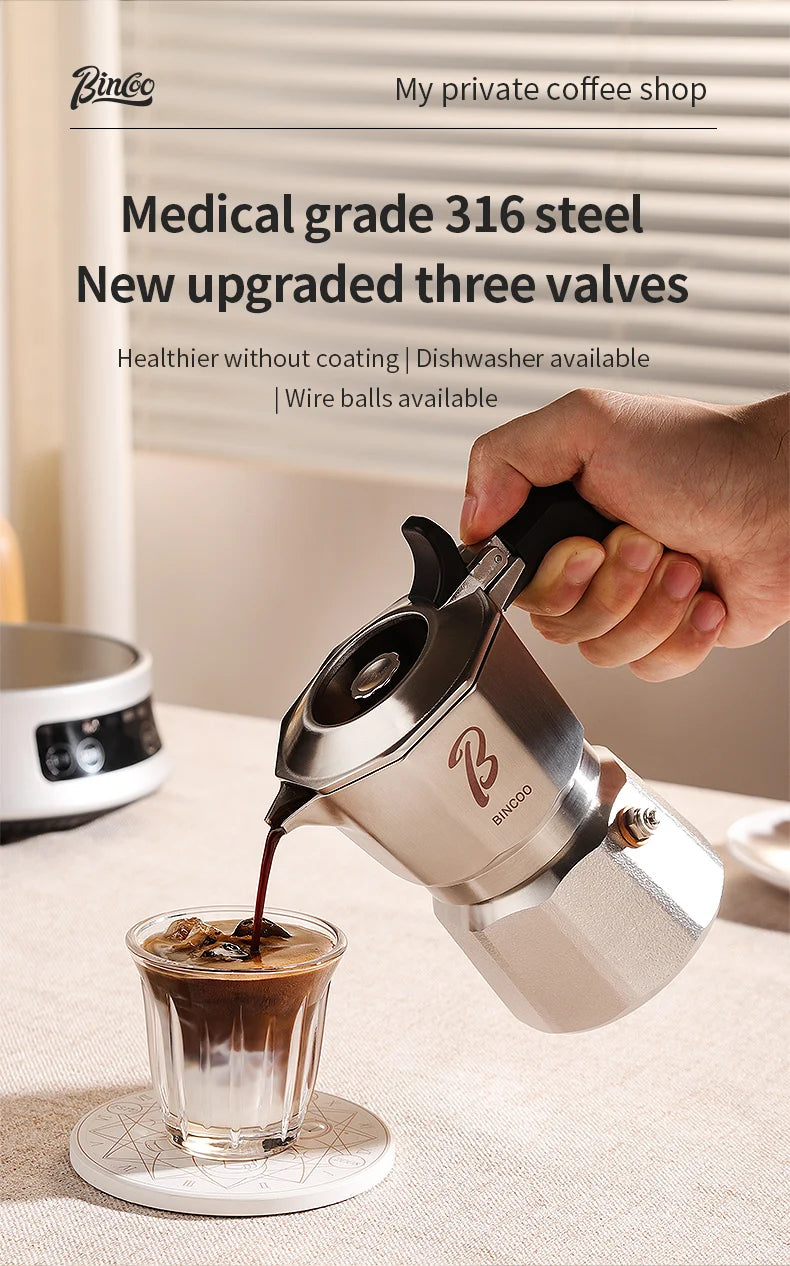 Bincoo Three Valve 316 Stainless Steel Mocha Pot Pressure Concentrating Extraction Coffee Pot Home Professional Barista Kit