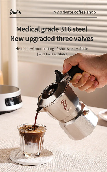 Bincoo Three Valve 316 Stainless Steel Mocha Pot Pressure Concentrating Extraction Coffee Pot Home Professional Barista Kit
