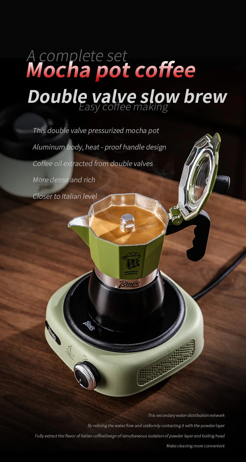 Bincoo Double Valve Moka Pot Espresso Machine Extraction Thermostatic Coffee Mocha Pot Set Outdoor Italian Home Barista Utensils