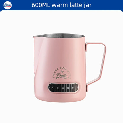 Bincoo Round Spout Coffee Pitcher with Temp Display, Stainless Steel Milk Frother Jug for Latte Art, Espresso Accessory