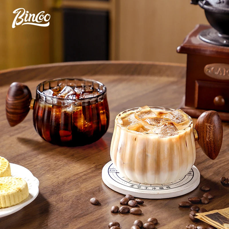 New Stripe Heat-resistant High Boron Silicon Glass Coffee Mug With Wooden Handle Ice American Latte Cup Breakfast Milk Tea Cup