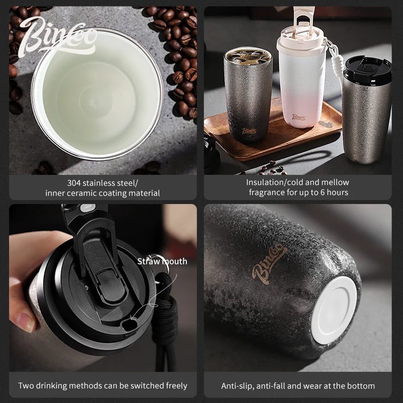 Bincoo 500Ml 304 Stainless Steel Coffee Cup Vacuum Insulated Travel Cup Gradient Color Portable Insulated Cup With Lifting Rope