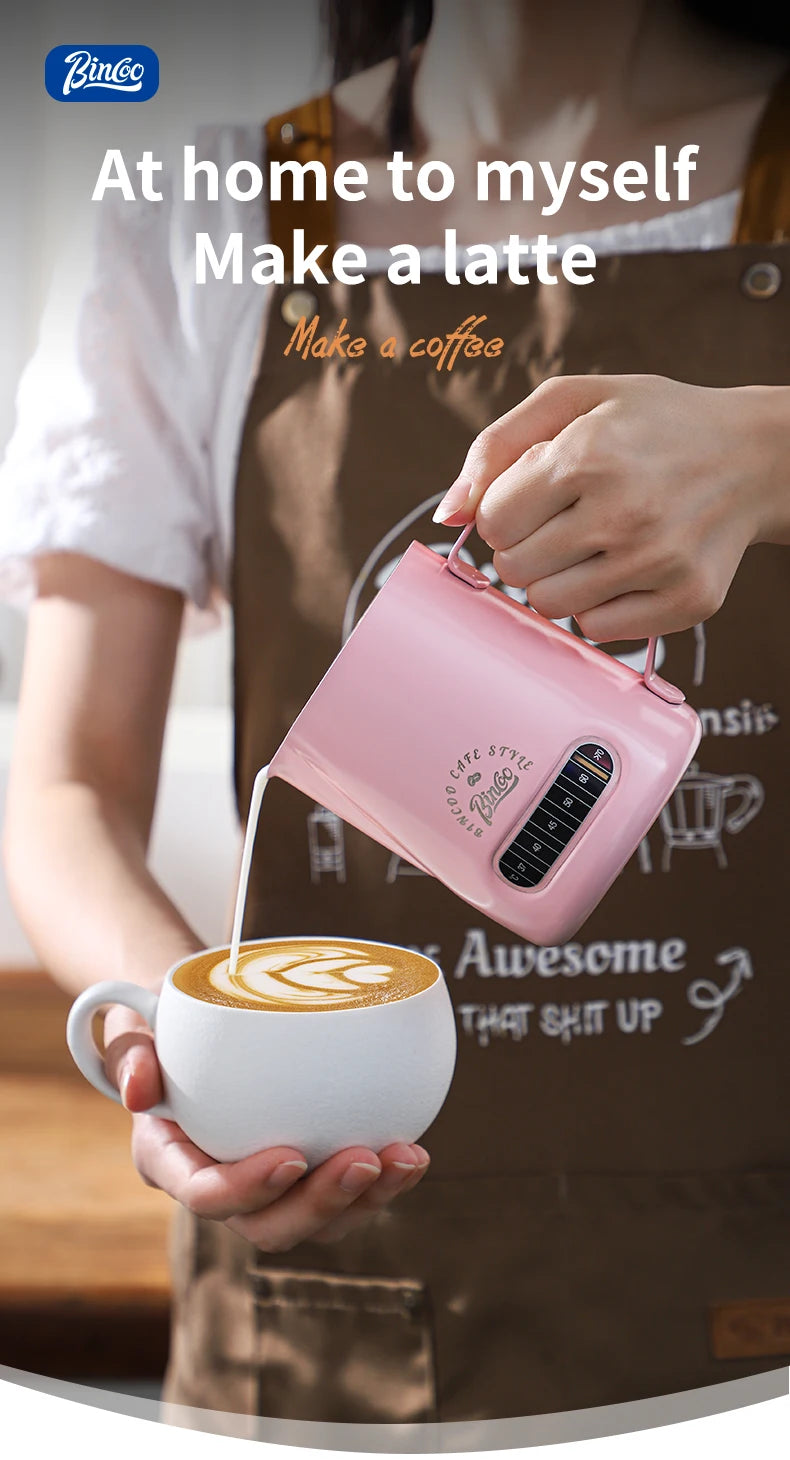 Bincoo Round Spout Coffee Pitcher with Temp Display, Stainless Steel Milk Frother Jug for Latte Art, Espresso Accessory